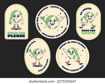 Salvar las pegatinas del planeta en un estilo retro de moda. Paquete de stickers para el Día de la Tierra. Día Mundial del Medio Ambiente. Carácter amable y gracioso del planeta Tierra. Etiquetas o insignias ecológicas. Ilustración del vector