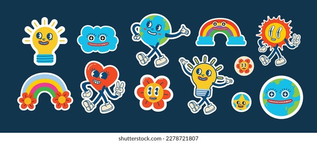 Save the planet stickers in trendy retro cartoon style. Set of Earth Day posters. Postcards for World Environment Day. Funny vector illustrations of planet Earth, sun and eco stickers