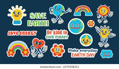 Save the planet stickers in trendy retro cartoon style. Set of Earth Day posters. Postcards for World Environment Day. Funny vector illustrations of planet Earth, sun and eco stickers