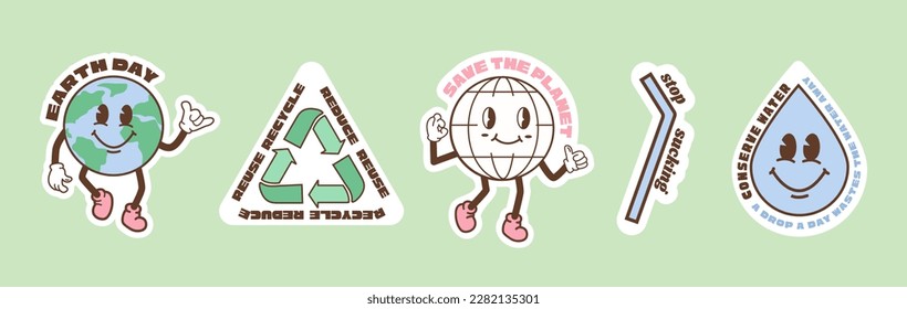 Salvar las pegatinas del planeta en el estilo de dibujos animados retro de moda. Paquete de stickers para el Día de la Tierra. Día Mundial del Medio Ambiente. Graciosa ilustración vectorial del planeta Tierra, globo con cara sonriente. Etiquetas o insignias ecológicas