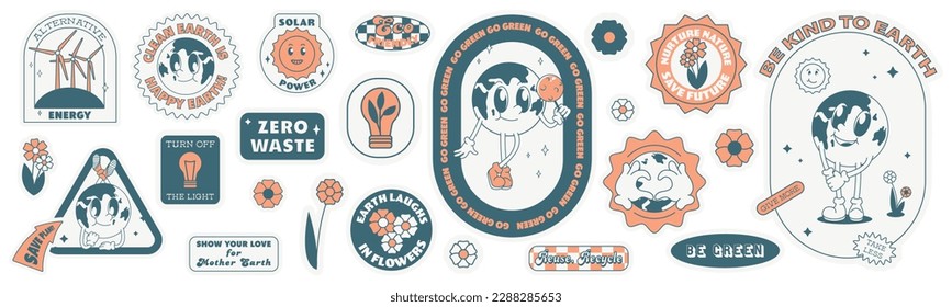 Save the planet stickers in trendy retro cartoon style. World Environment Day. Cute Earth character and mascot set.