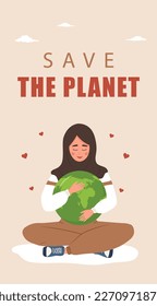 Save the planet stories template. Cute arabian woman embrace green globe. International Mother Earth day. Banner, brochure and poster design. Vector illustration in flat cartoon style.