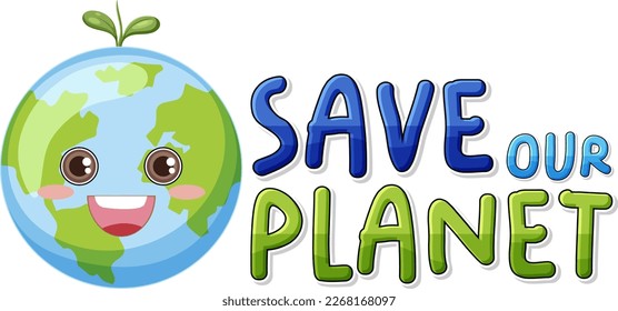 Guardar el texto del planeta con una ilustración de carácter de tierra feliz