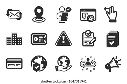 Salvar el planeta, el gesto de la pantalla táctil y los íconos del seguro mundial conjunto simple. Megáfono, caja segura y señales Rfp. Sondeos de clientes, ubicación y símbolos de fecha límite del proyecto. Juego de iconos planos. Vector