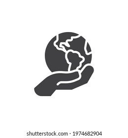 Save the planet vector icon. filled flat sign for mobile concept and web design. Hand with earth planet glyph icon. Symbol, logo illustration. Vector graphics