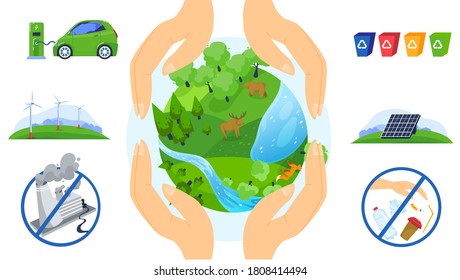 Speichern Sie die Vektorgrafik des Planeten. Cartoon flache Hände des menschlichen Ökologen schützen Erdkugelökologie, retten die globale Umwelt der Natur und nutzen umweltfreundliche, umweltverträgliche Quellen ökoinfographischer Hintergrund
