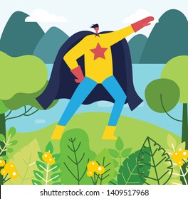 Save the planet. Vector illustration in flat design of man superhero in funny comics costume in the park, near the lake. 