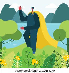 Save the planet. Vector illustration in flat design of man superhero in funny comics costume in the park, near the lake.