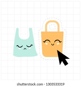 Save the planet. Vector illustration with plastic bag and eco bag characters. Choice.
