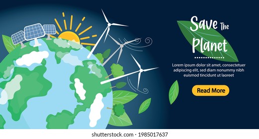 Save The Planet Vector Landing Page Banner or poster Template. Flat vector illustration for web design. Eco planet earth concept. Save the Earth. Green Energy Concept. Earth Day. Ecology concept. 