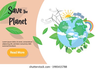 Save The Planet Vector Landing Page Banner or poster Template. Flat vector illustration for web design. Eco planet earth concept. Save the Earth. Green Energy Concept. Earth Day. Ecology concept. 