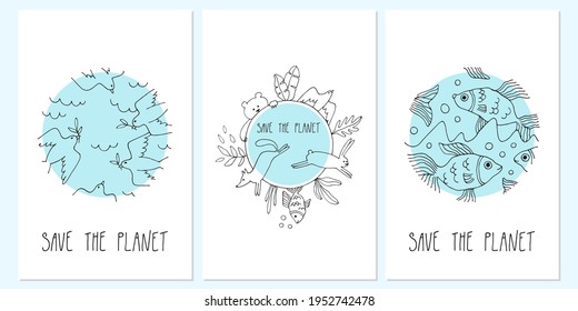 Save the Planet vector posters. Set of linear illustrations. Minimalistic round ecological icons with animals and plants