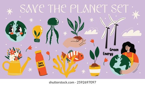 Save the planet vector sticker elements set. World earth, environment day design concept. Collection of groovy funky cartoon illustration of ecology, alternative green energy, sustainability objects