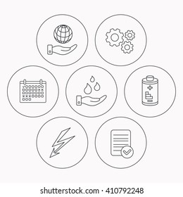 Save planet, water and battery icons. Lightning linear sign. Check file, calendar and cogwheel icons. Vector