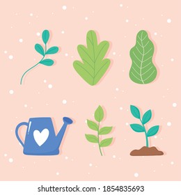 save the planet, watering can plant growth and leaves icons vector illustration