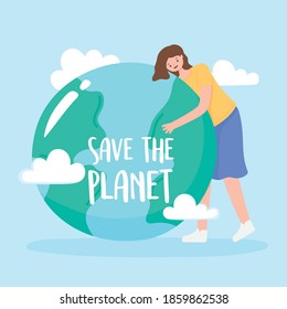 save the planet, woman hugs earth map with clouds vector illustration