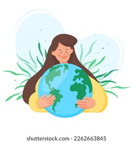 Save the planet. World environment day.  Vector web banner, poster with Earth, plants and woman