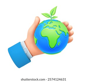 Save planet, world environment day holiday celebration. Vector in flat style, isolated 3d hand holding globe with growing leaf. Ecologically friendly and careful, protective for planet earth
