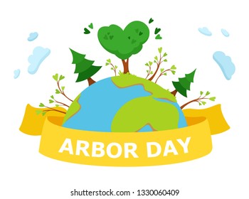 Save the Planet. Yellow ribbon with lettering. Green trees on planet Earth. Vector concept illustration on white background