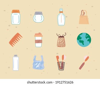 Save the planet zero waste and eco symbol set design, Ecology recycle and green theme Vector illustration