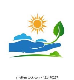 Save a plant in nature logo. Vector graphic design 