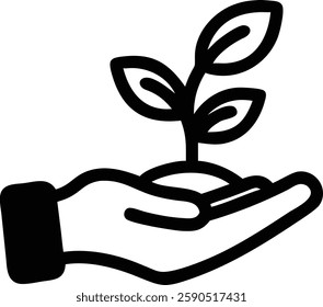 Save plant, save world ; hand holding green plant icon logo transparent sign line outline linear style vector illustration isolated on white background 