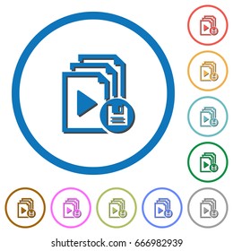 Save playlist flat color vector icons with shadows in round outlines on white background