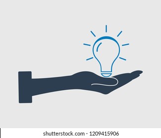 Save power icon on gray background with bulb symbol and hand sign.