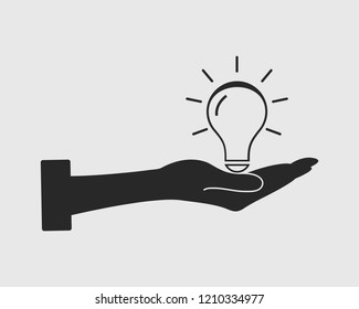 Save power icon on gray background with bulb symbol and hand sign.