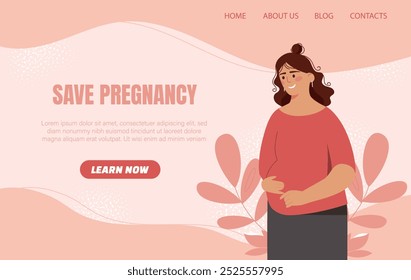 Save pregnancy poster. Woman with large belly. Self love and acceptance. Parenthood and motherhood, responsibility. Landing webpage design. Flat vector illustration isolated on beige background