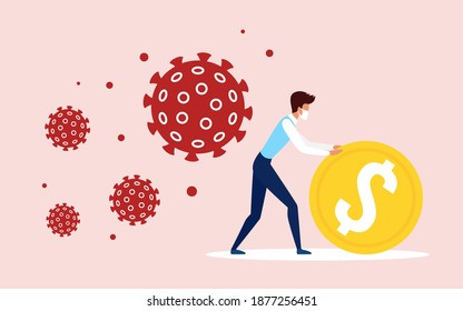 Save and protect business during coronavirus pandemic concept vector illustration. Cartoon businessman in protective mask rolling cash gold coin, saving money wealth from virus attacks background