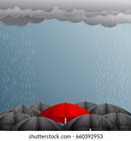 Save the raining day.Red and black umbrella protection from rain.Vector illustration.