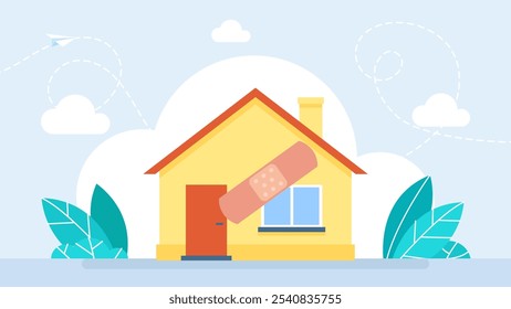 Save real estate. To put a plaster on the house. Family preservation concept. Family Repairing Home, Apartment Renovation. Repair of private houses. Exterior building renovation. Vector illustration