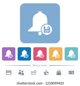 Save reminder white flat icons on color rounded square backgrounds. 6 bonus icons included