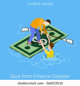 Save rescue from finance dept disaster flat 3d isometry isometric concept web vector illustration. Young man saving drowning sinking friend from seething financial problems ocean to dollar raft float.