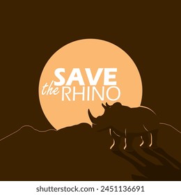 Save The Rhino Day event banner. Rhinoceros with sunset on dark brown background to commemorate on May 1st