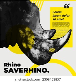 Save Rhino Poster. save animal poster with rhino vector on yellow color design. Save The world landing page. campaign. Save Animal.