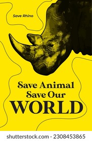 Save Rhino Poster. save animal poster with rhino vector on yellow color design. Save The world landing page. campaign. Save Animal.