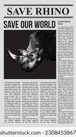 Save Rhino Poster. save animal poster with rhino vector on newspaper concept design. Save The World landing page. campaign. Save Animal. flyer. EPS 10