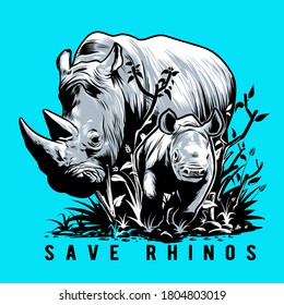 save rhinos wildlife illustration vector