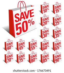 Save Sale Shopping Icon Bags with Percentage Discount, Reduced Price Symbol