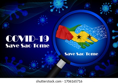 Speichern Sie São Tomé und Príncipe, um das Virus zu stoppen. Covid-19-Viruszellen oder Corona-Virus und Bakterien, Nahaufnahme einzeln auf blauem Hintergrund,
Poster Advertisement Flyers Vektorillustration Illustration.