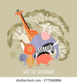 Save savannah eco concept. Vector illustration with african animals and plants. Cartoons in a flat style.