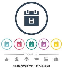 Save schedule data flat color icons in round outlines. 6 bonus icons included.