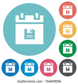 Save schedule data flat white icons on round color backgrounds