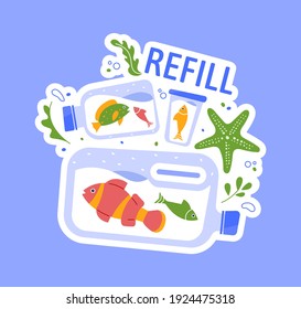 Save sea fauna and flora from plastic. No plastic in ocean. Fauna sea ecology problem with bag and junk, trash illustration