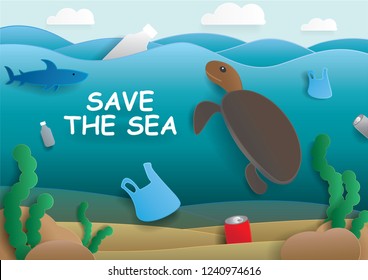 Save the sea or ocean cartoon vector concept, illustration. There are plastic bag,bottle,trash,waste,garbage,rubblish,turtle,shark,fish,seaweed in the sea on blue sky background. Water pollution.