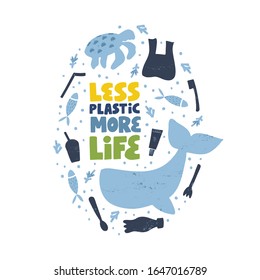 Save the sea word concept banner. Stop water pollution isolated vector illustration. Planet protection t shirt print idea. Plastic bottle and bag, whale and turtle clipart. Less plastic more life text