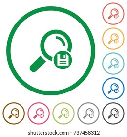 Save search results flat color icons in round outlines on white background