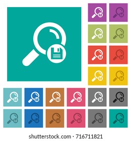 Save search results multi colored flat icons on plain square backgrounds. Included white and darker icon variations for hover or active effects.